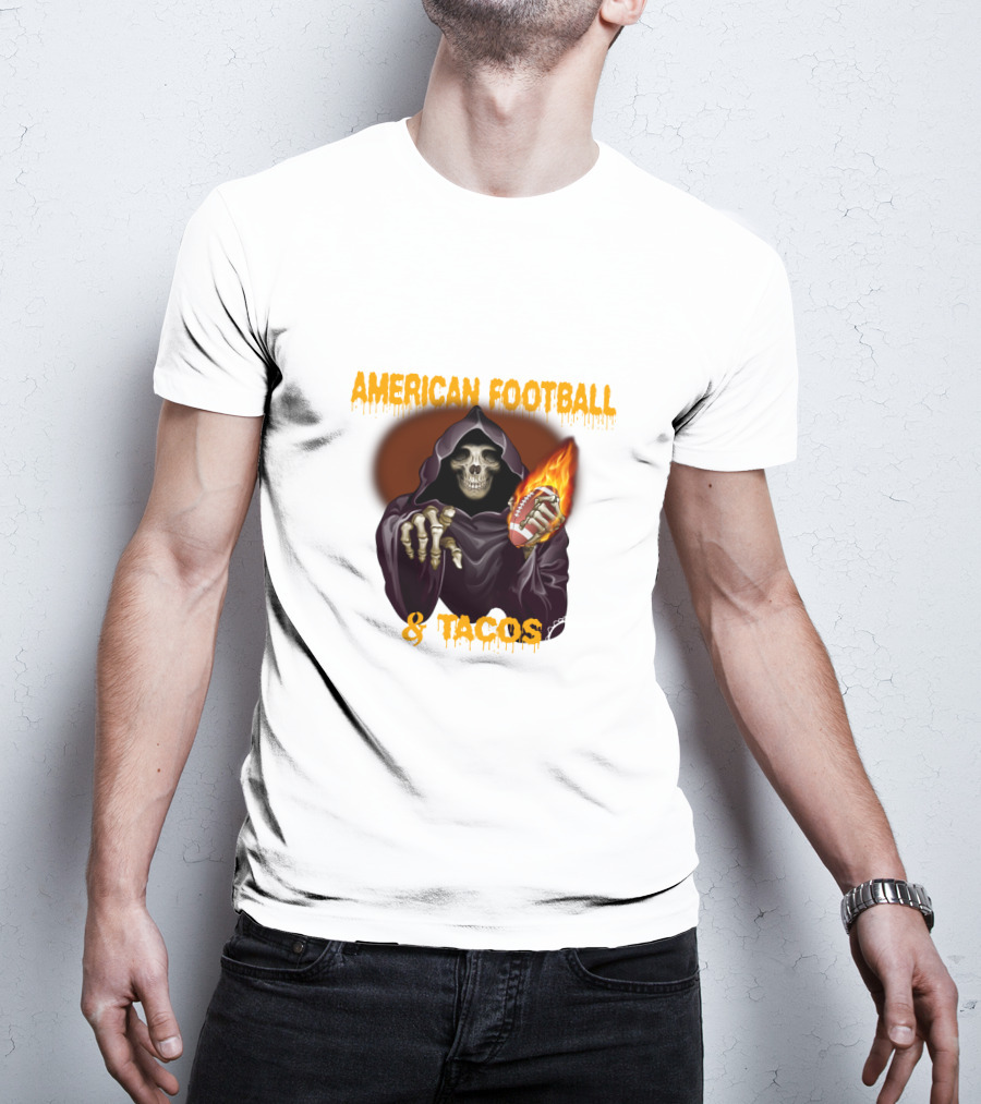 American Football And Tacos Skeleton Holding Flaming Football T-Shirt