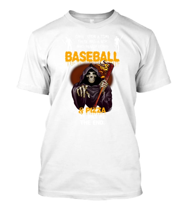 Grim Reaper With Flaming Baseball Bat Celebrates Baseball And Pizza T-Shirt
