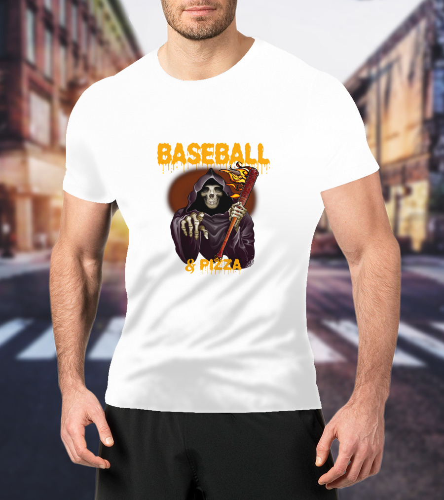 Grim Reaper With Flaming Baseball Bat Celebrates Baseball And Pizza T-Shirt