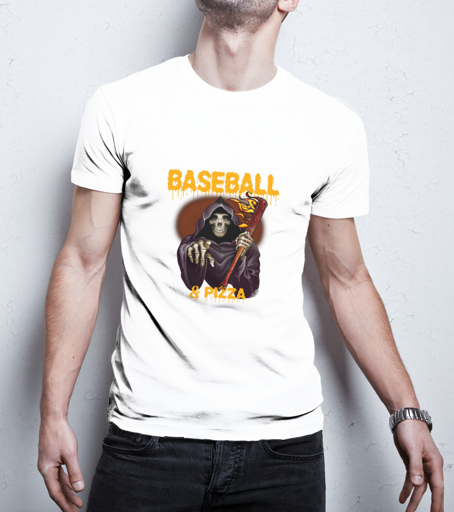 Grim Reaper With Flaming Baseball Bat Celebrates Baseball And Pizza T-Shirt
