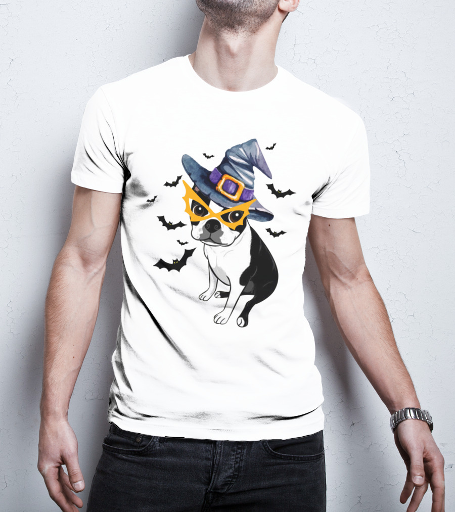 Boston Terrier Wears Witch Hat And Mask With Bats T-Shirt