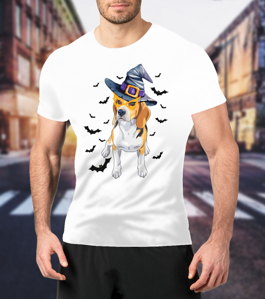 Beagle Wears Halloween Witch Hat Surrounded By Flying Bats T-Shirt