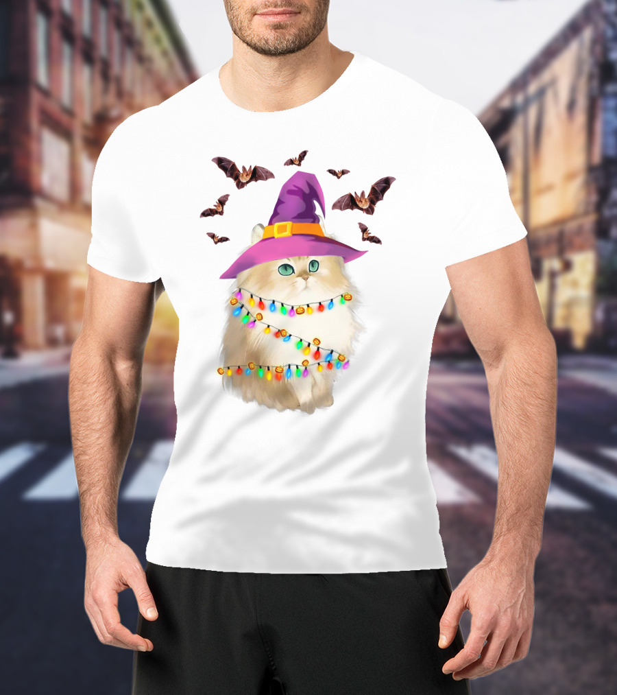 Fluffy Cat In Witch Hat With Halloween Bats And Colorful Christmas Lights T-Shirt