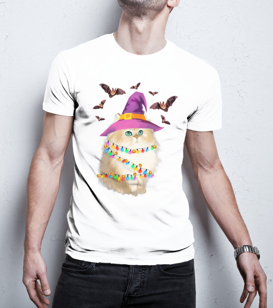 Fluffy Cat In Witch Hat With Halloween Bats And Colorful Christmas Lights T-Shirt