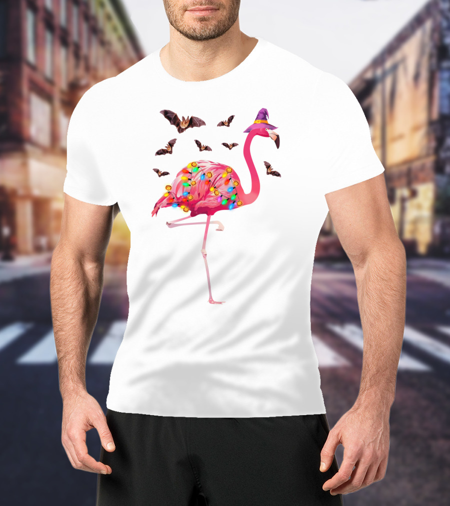 Flamingo In Witch Hat With Halloween Bats And Colorful Lights T-Shirt