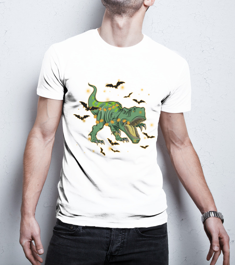 Halloween Saurus Dinosaur With Pumpkin Lights And Flying Bats T-Shirt