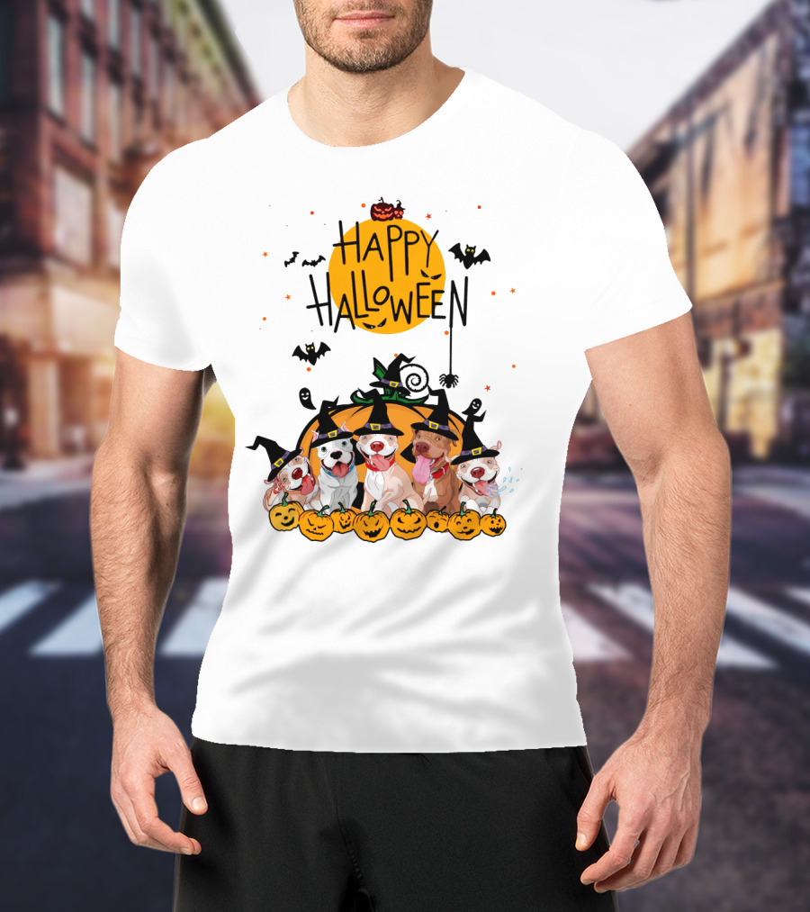 Happy Halloween Pitbulls Witch Hats Pumpkins Bats Ghosts Moon Spooky Dog T-Shirt