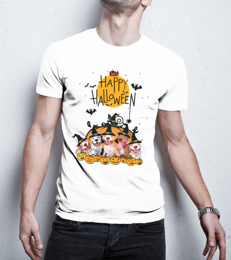 Happy Halloween Pitbulls Witch Hats Pumpkins Bats Ghosts Moon Spooky Dog T-Shirt