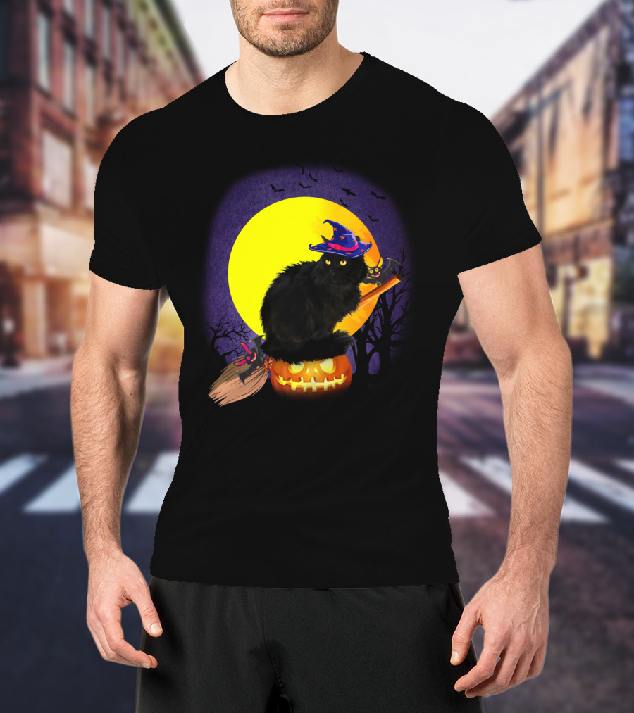 Halloween Cat With Witch Hat On Pumpkin And Broomstick T-Shirt