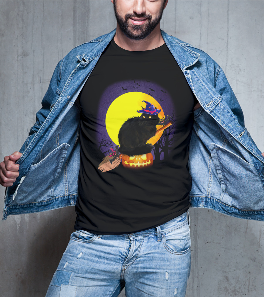 Halloween Cat With Witch Hat On Pumpkin And Broomstick T-Shirt