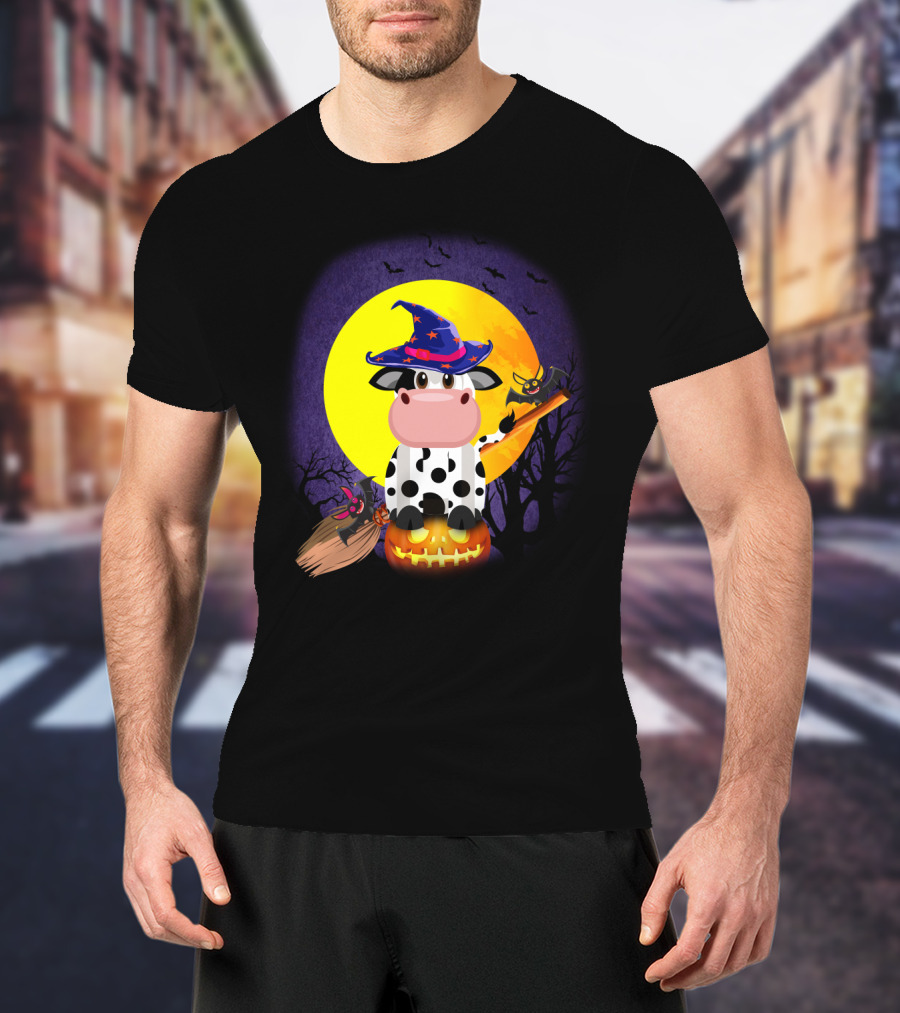 Cow Witch Spooky Halloween Full Moon Scene With Pumpkin And Broomstick T-Shirt