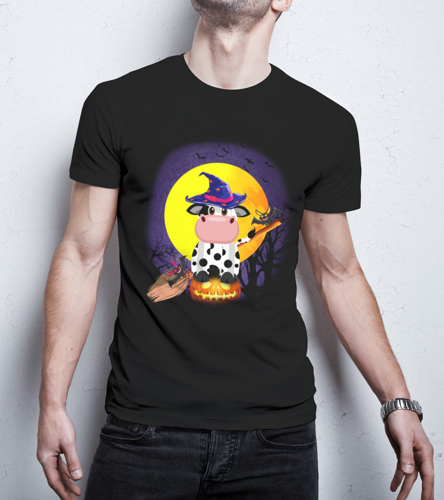 Cow Witch Spooky Halloween Full Moon Scene With Pumpkin And Broomstick T-Shirt