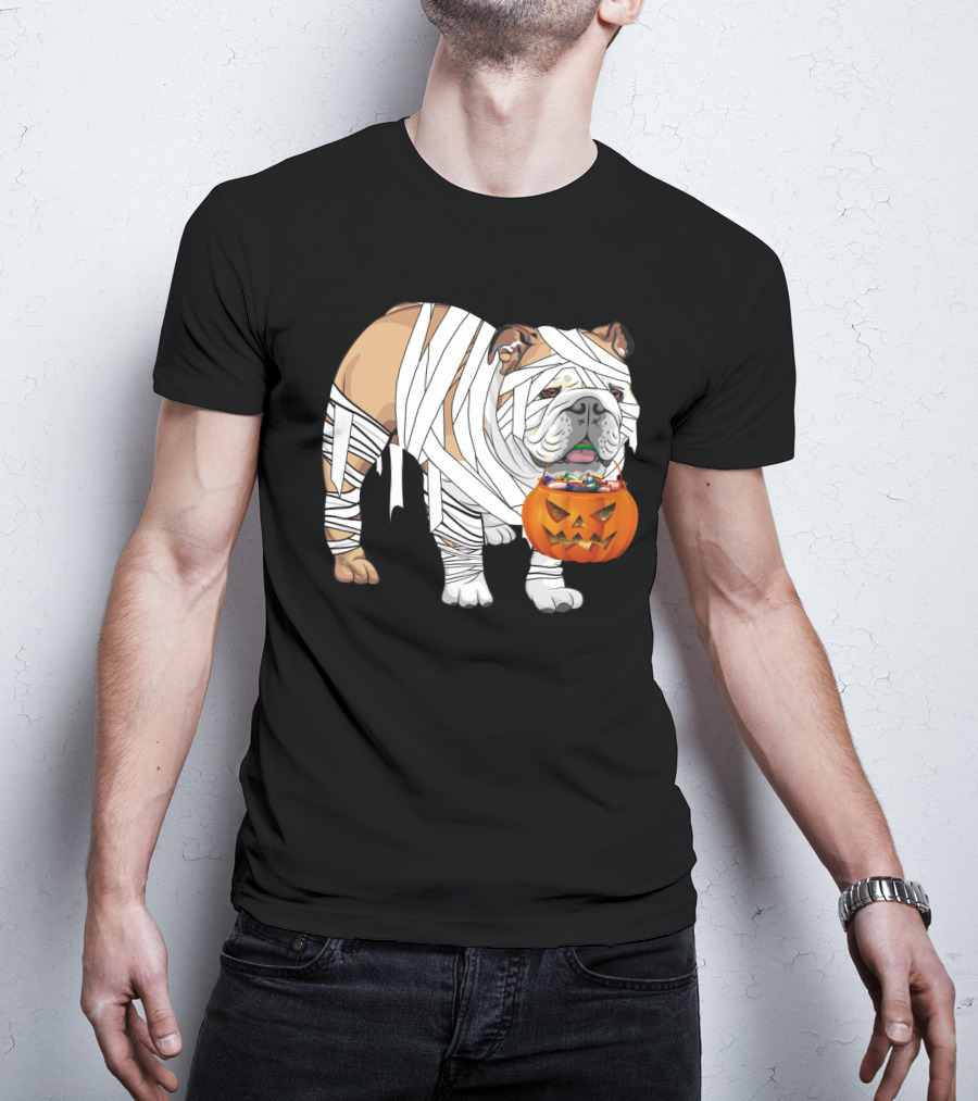 Halloween Bulldog Wrapped As Mummy Holding Pumpkin Candy Bucket T-Shirt