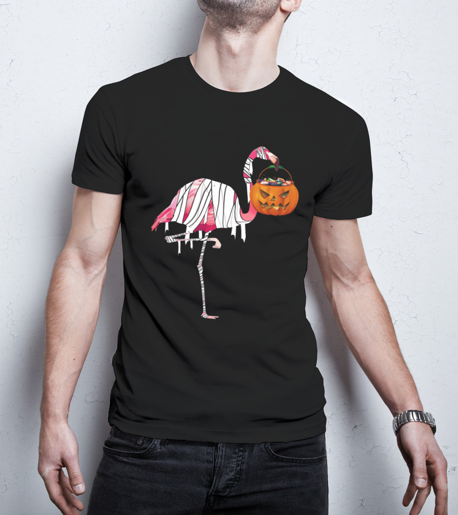 Halloween Pumpkin Mummy Flamingo Holding Candy Jack-o'-Lantern T-Shirt