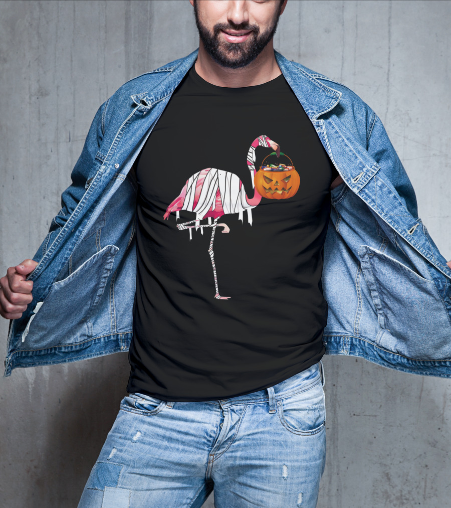 Halloween Pumpkin Mummy Flamingo Holding Candy Jack-o'-Lantern T-Shirt