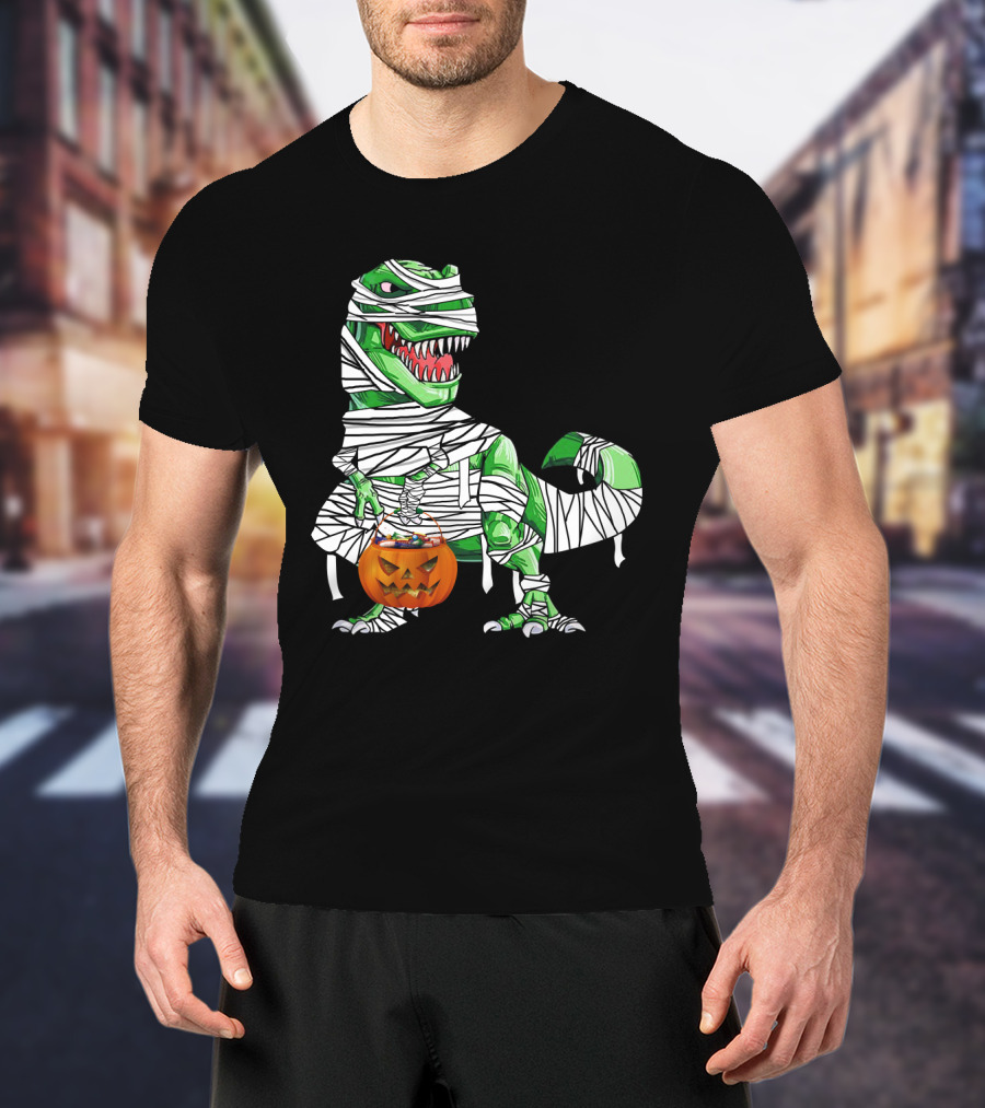 Halloween Pumpkin Mummy Dinosaur With Candy Bucket T-Shirt