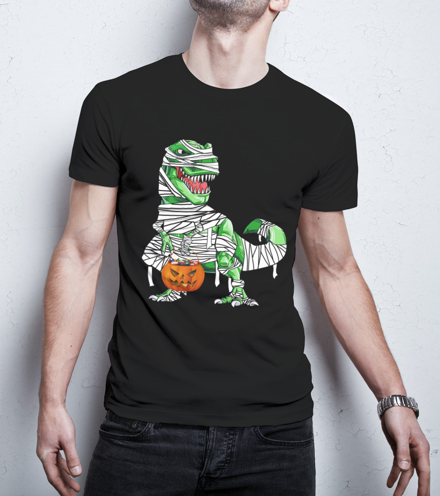 Halloween Pumpkin Mummy Dinosaur With Candy Bucket T-Shirt