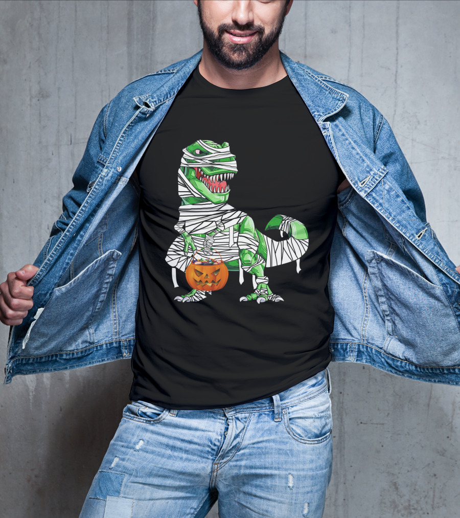 Halloween Pumpkin Mummy Dinosaur With Candy Bucket T-Shirt