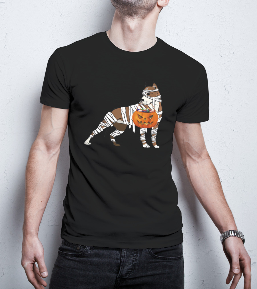 Halloween Mummy Wrapped Pitbull With Jack-O'-Lantern Pumpkin Basket T-Shirt