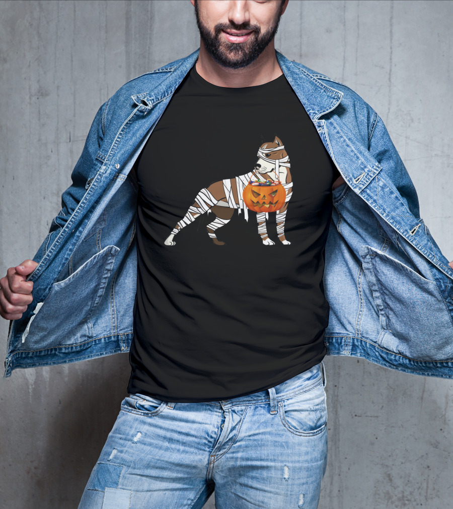 Halloween Mummy Wrapped Pitbull With Jack-O'-Lantern Pumpkin Basket T-Shirt