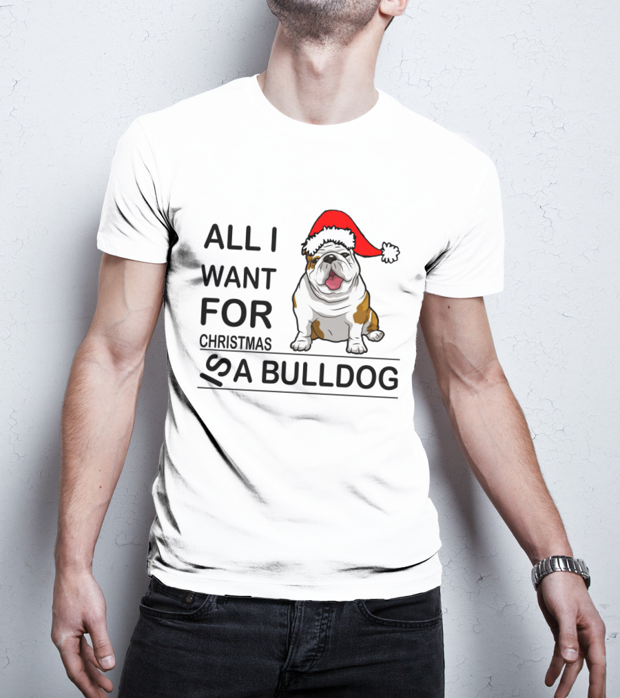 All I Want For Christmas Is A Bulldog With Santa Hat Iconic Festive Dog Lover's Phrase T-Shirt