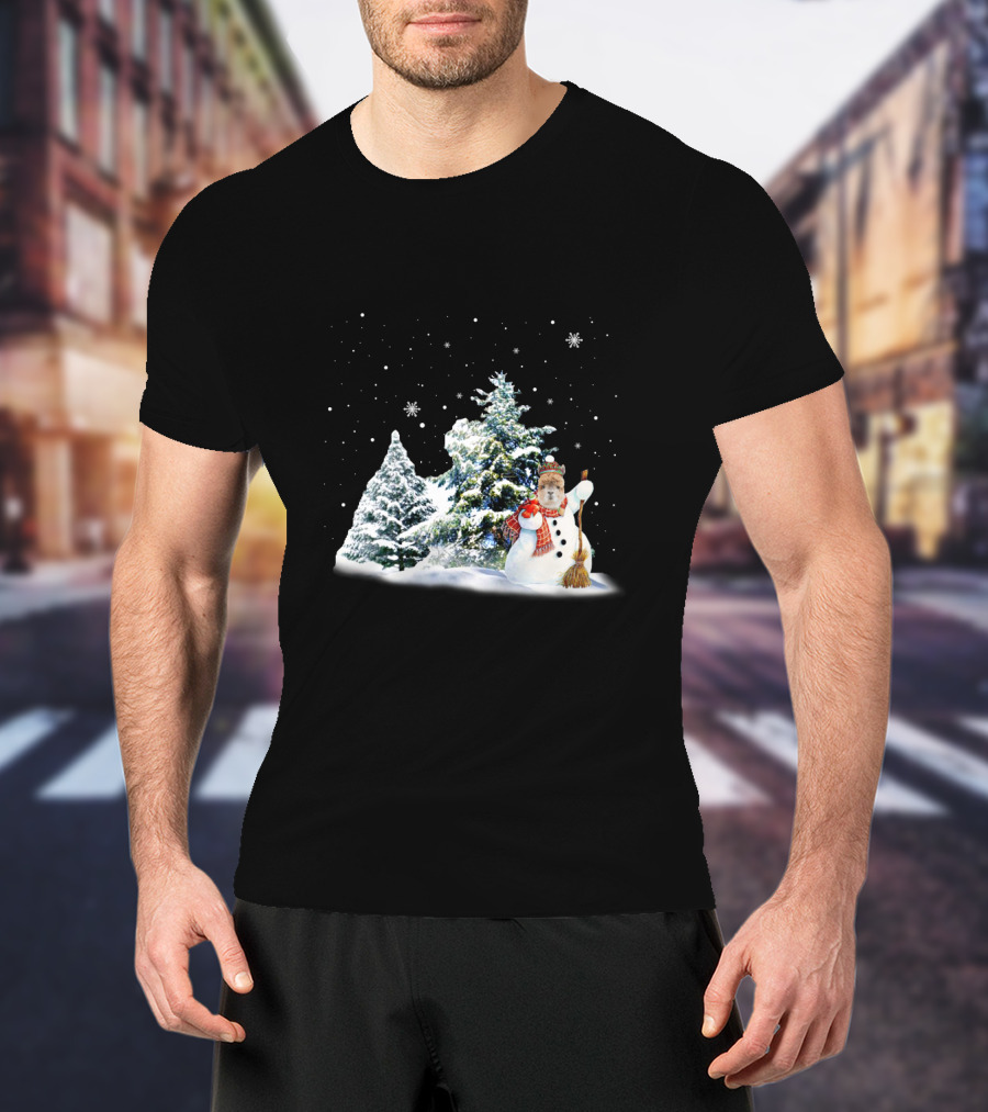 Alpaca Snowman In Winter Forest With Falling Snowflakes T-Shirt
