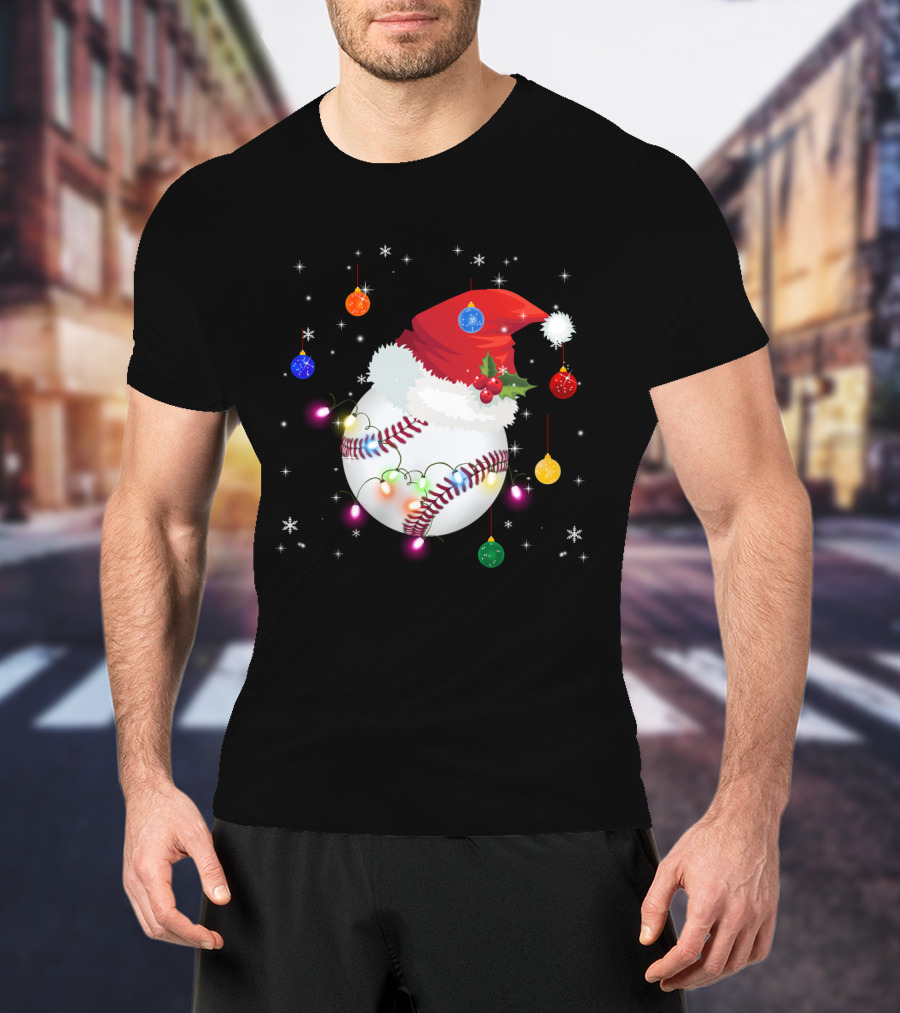Santa Hat Baseball Christmas Ornaments Holiday Lights Snowflakes T-Shirt