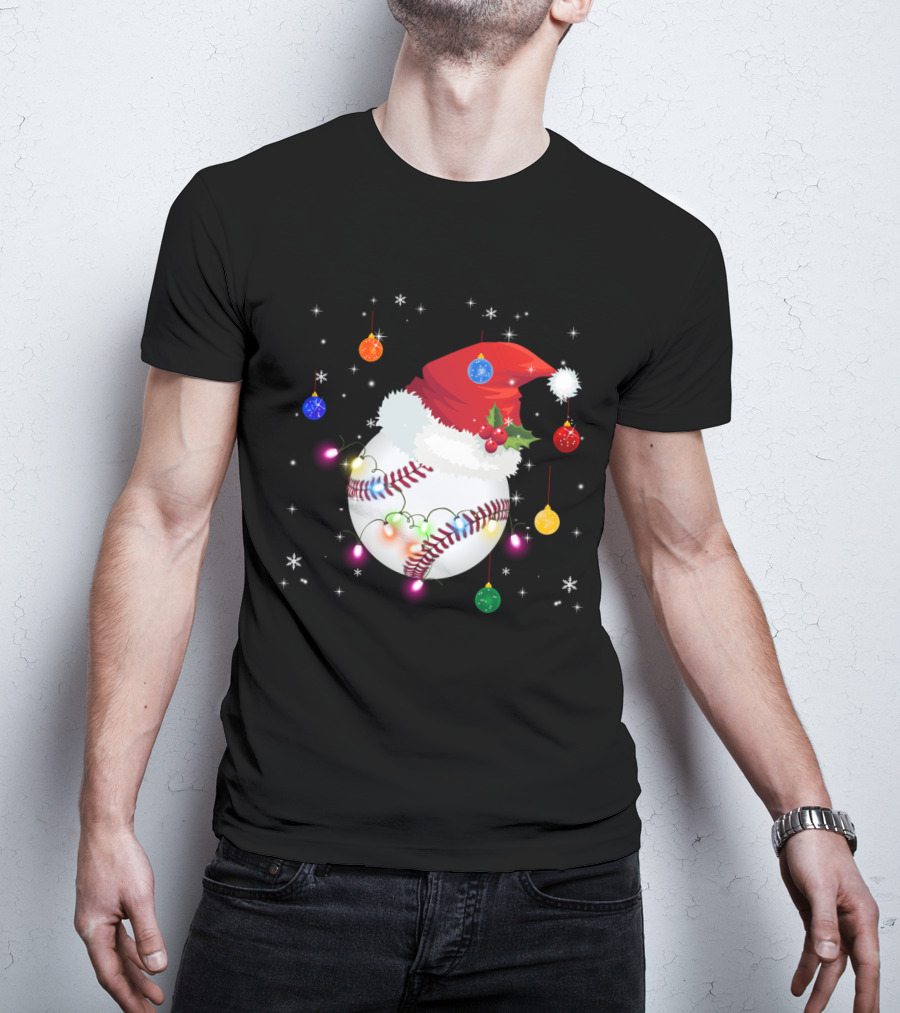 Santa Hat Baseball Christmas Ornaments Holiday Lights Snowflakes T-Shirt