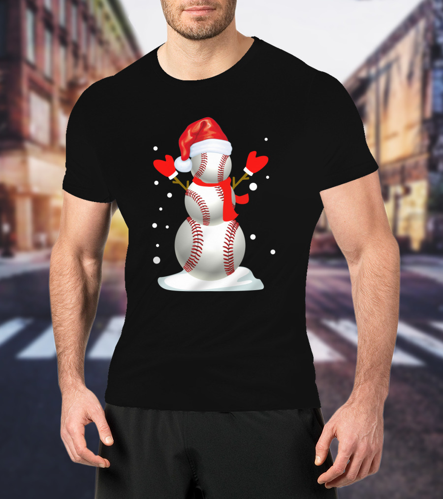 Baseball-Themed Snowman With Santa Hat And Mittens Winter Holiday T-Shirt