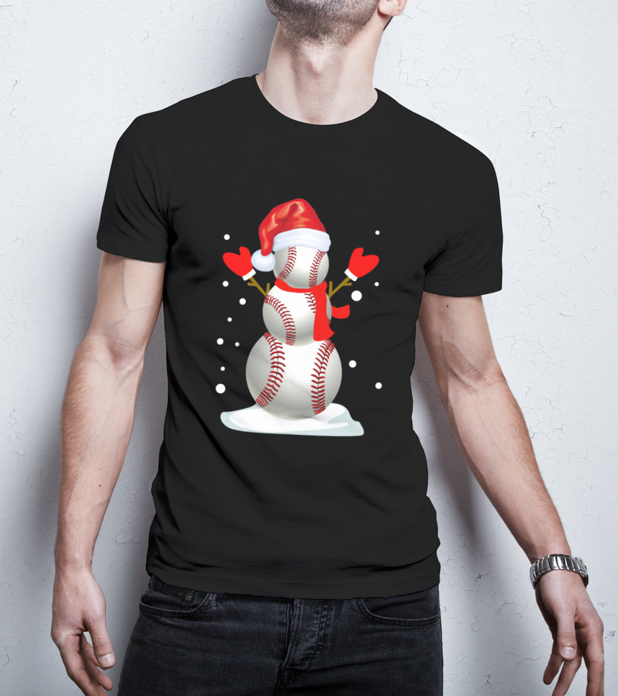 Baseball-Themed Snowman With Santa Hat And Mittens Winter Holiday T-Shirt