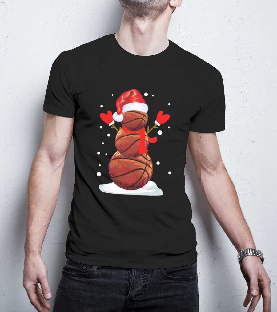Basketball Snowman With Santa Hat And Red Mittens T-Shirt