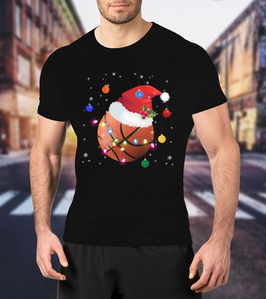 Santa Hat Basketball With Christmas Lights And Ornaments T-Shirt