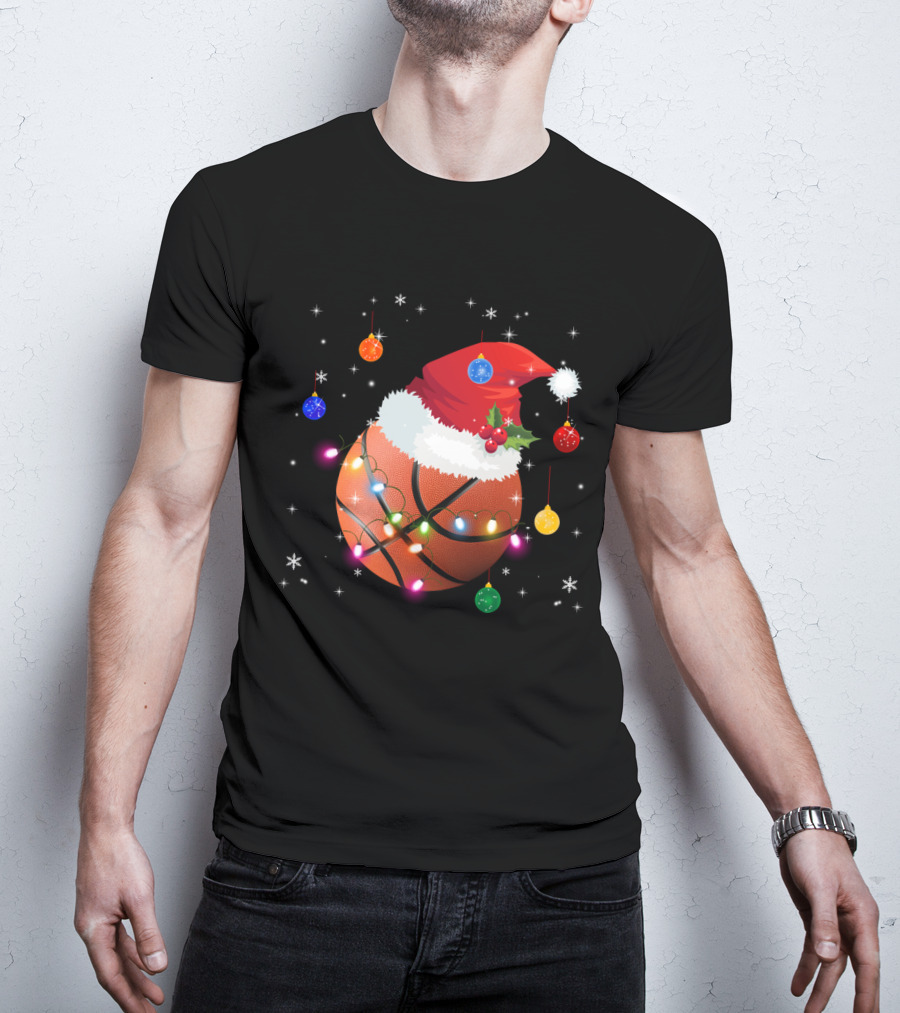 Santa Hat Basketball With Christmas Lights And Ornaments T-Shirt