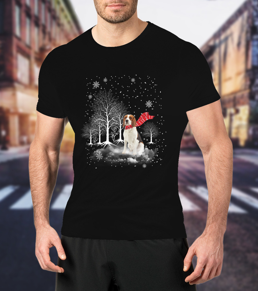 Basset Hound Winter Wonderland Snowy Trees Red Scarf T-Shirt