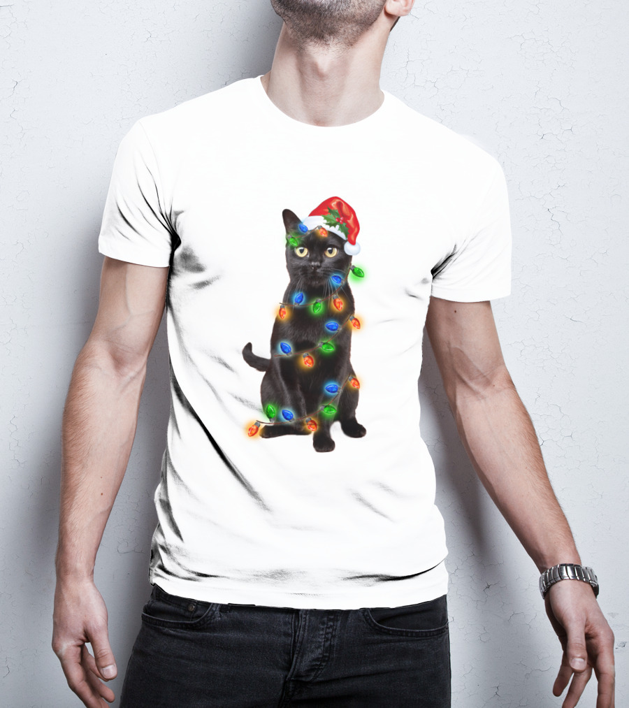 Santa Hat Black Cat Wrapped In Colorful Christmas Lights T-Shirt