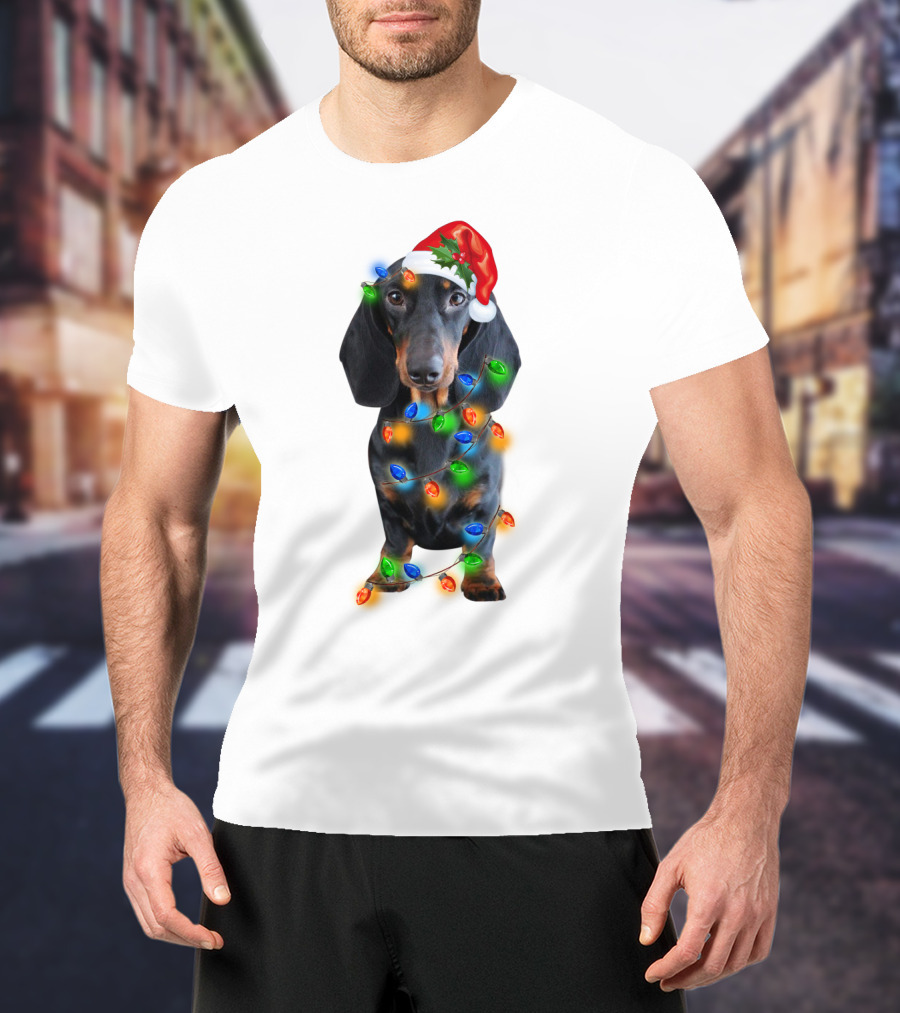 Black Dachshund Wearing Santa Hat And Wrapped In Christmas Lights T-Shirt