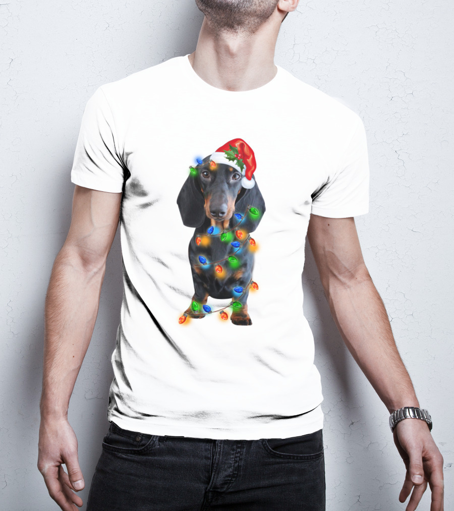 Black Dachshund Wearing Santa Hat And Wrapped In Christmas Lights T-Shirt