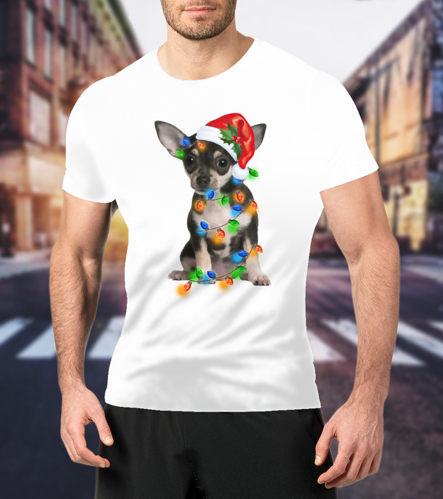 Black Chihuahua Wearing Santa Hat Wrapped In Colorful Christmas Lights T-Shirt