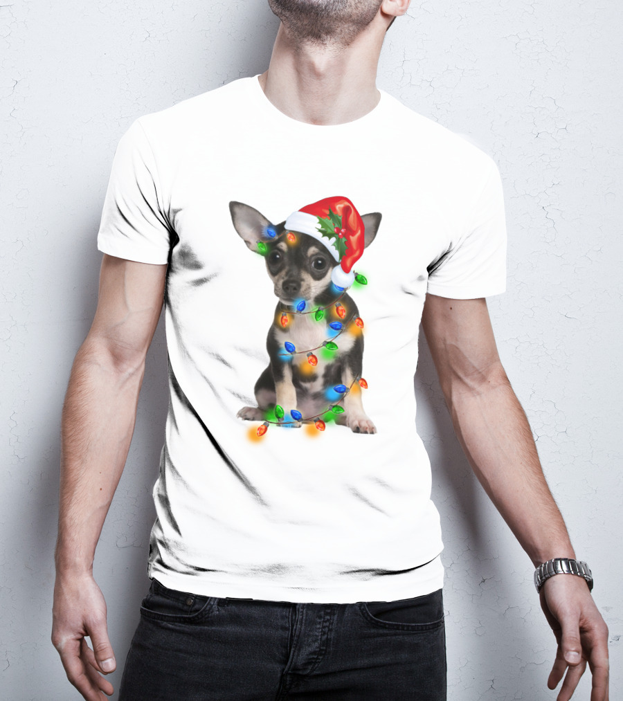 Black Chihuahua Wearing Santa Hat Wrapped In Colorful Christmas Lights T-Shirt