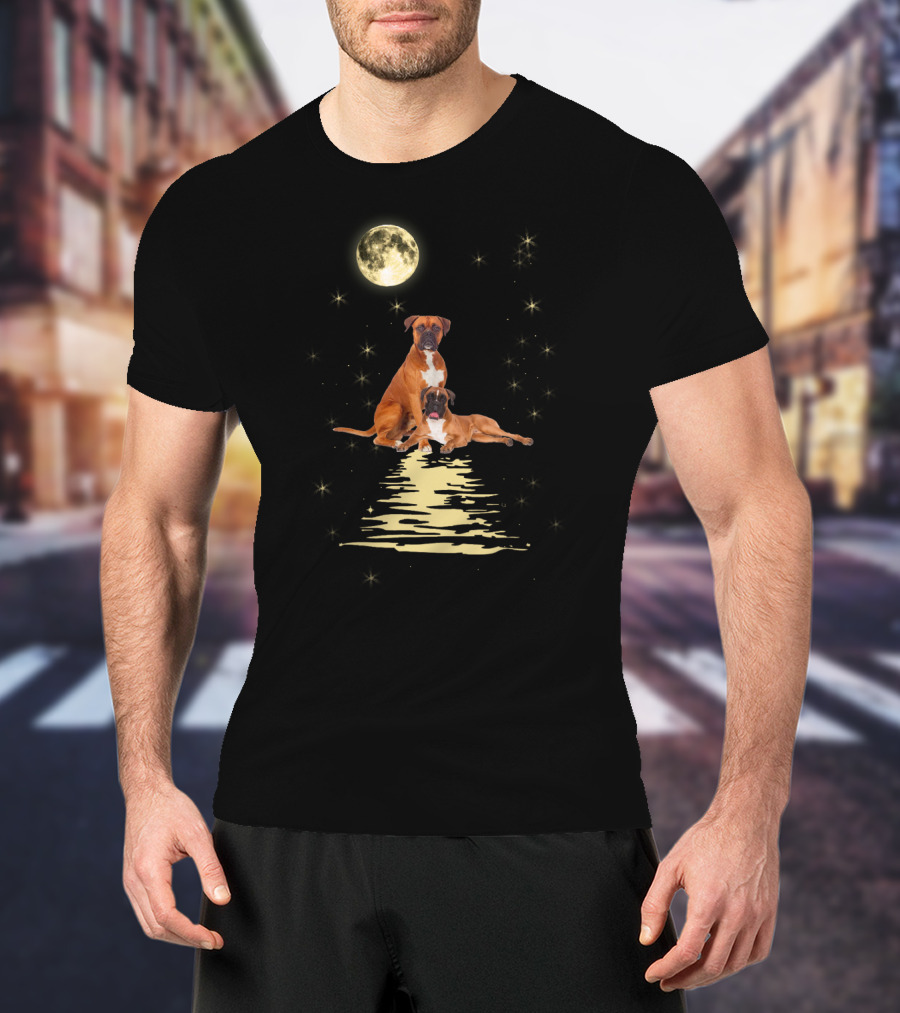 Boxer Dog Under Starry Sky Moonlit Reflection T-Shirt