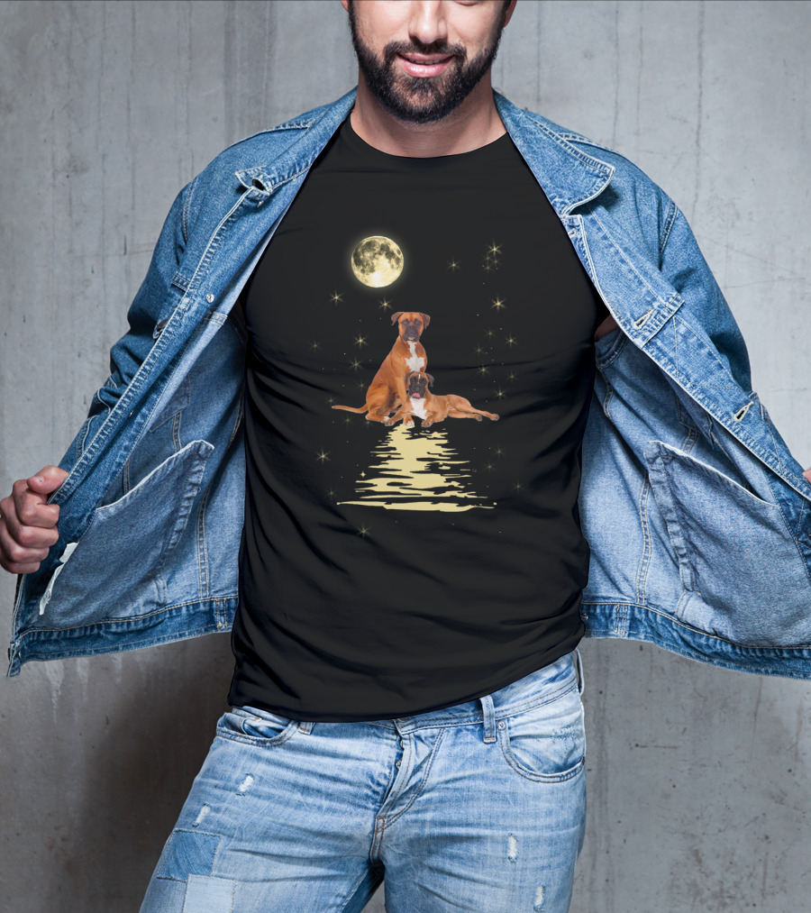 Boxer Dog Under Starry Sky Moonlit Reflection T-Shirt