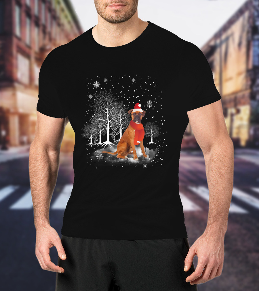 Boxer Dog With Santa Hat And Scarf In Snowy Winter Wonderland Scene T-Shirt