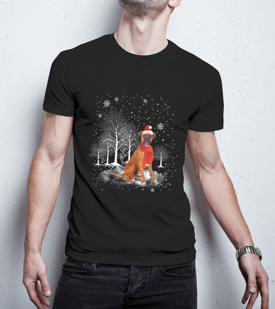 Boxer Dog With Santa Hat And Scarf In Snowy Winter Wonderland Scene T-Shirt