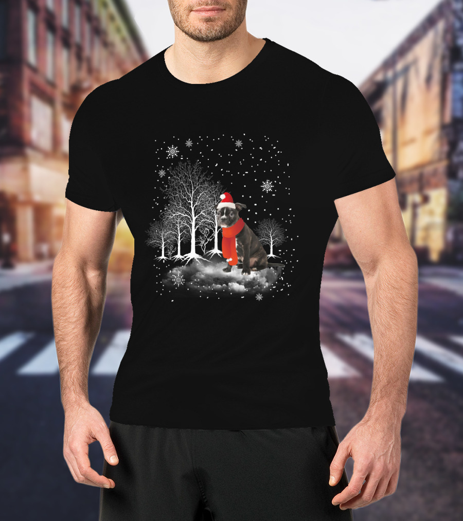 Boston Terrier In Snowy Winter Wonderland With Santa Hat And Scarf T-Shirt
