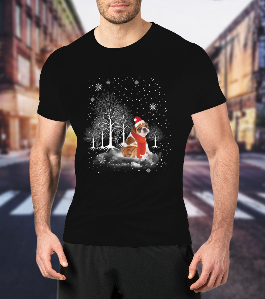 Bulldog In Snowy Forest With Santa Hat And Scarf Amidst Falling Snowflakes T-Shirt