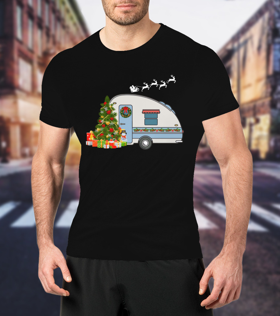 Camper Van With Christmas Tree, Snowman, Presents, And Santa Sleigh T-Shirt