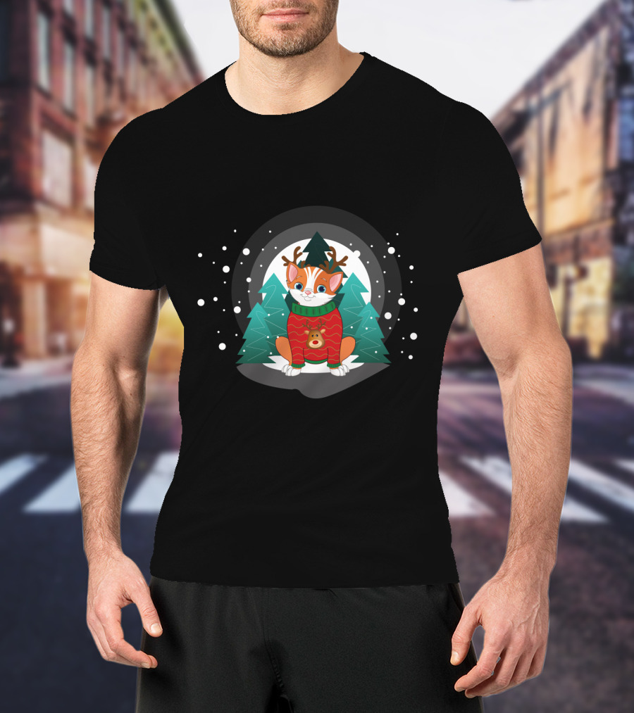 Cat Terrier Christmas Sweater With Snowy Trees And Reindeer Antlers T-Shirt