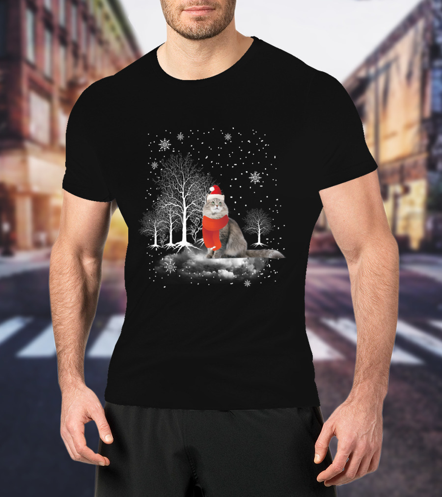 Cat In Snowy Winter Scene With Red Santa Hat And Scarf T-Shirt