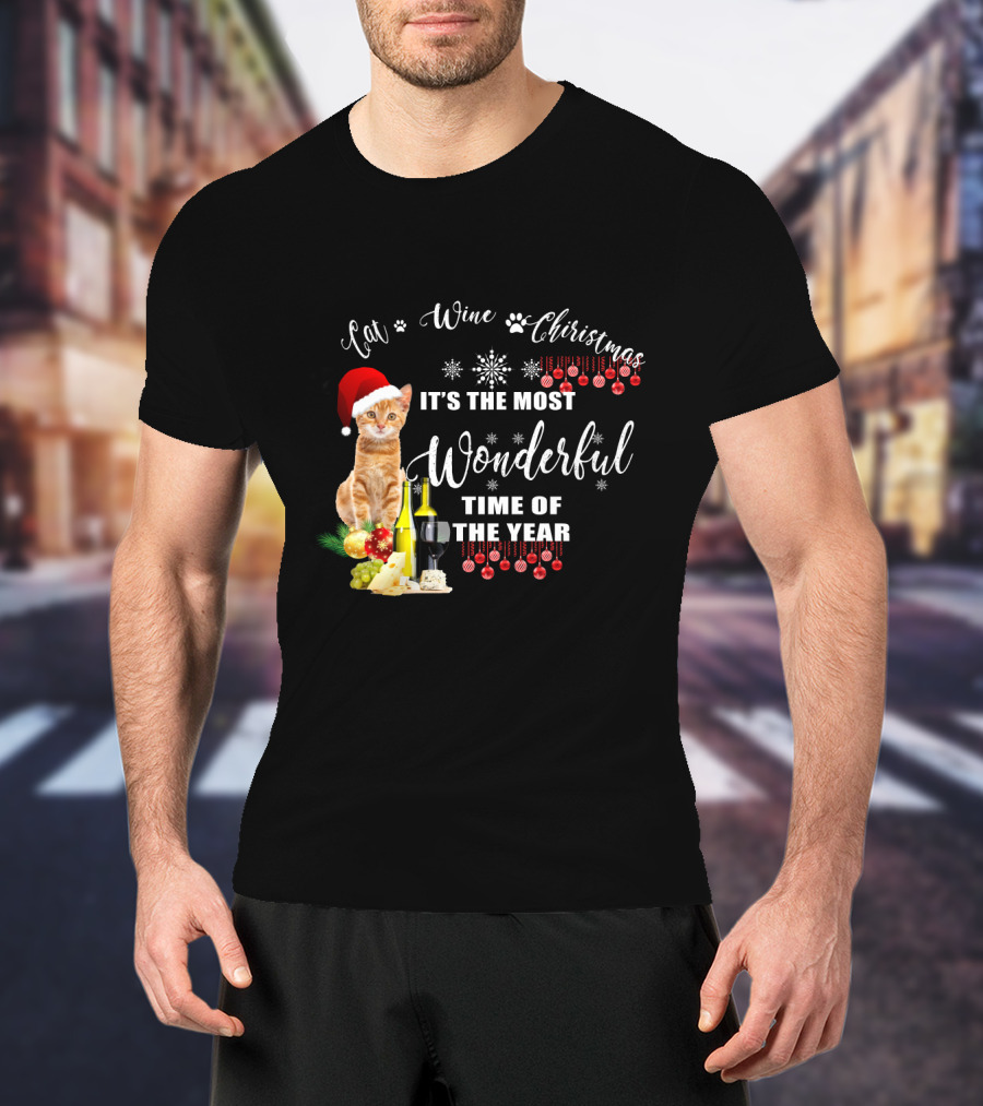 Cat Wine Christmas It's The Most Wonderful Time Of The Year T-Shirt