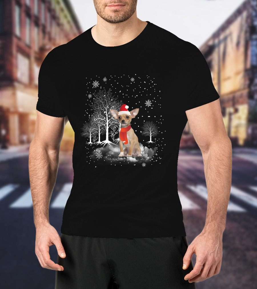 Chihuahua In Santa Hat With Snowflakes And Trees In Winter Wonderland T-Shirt